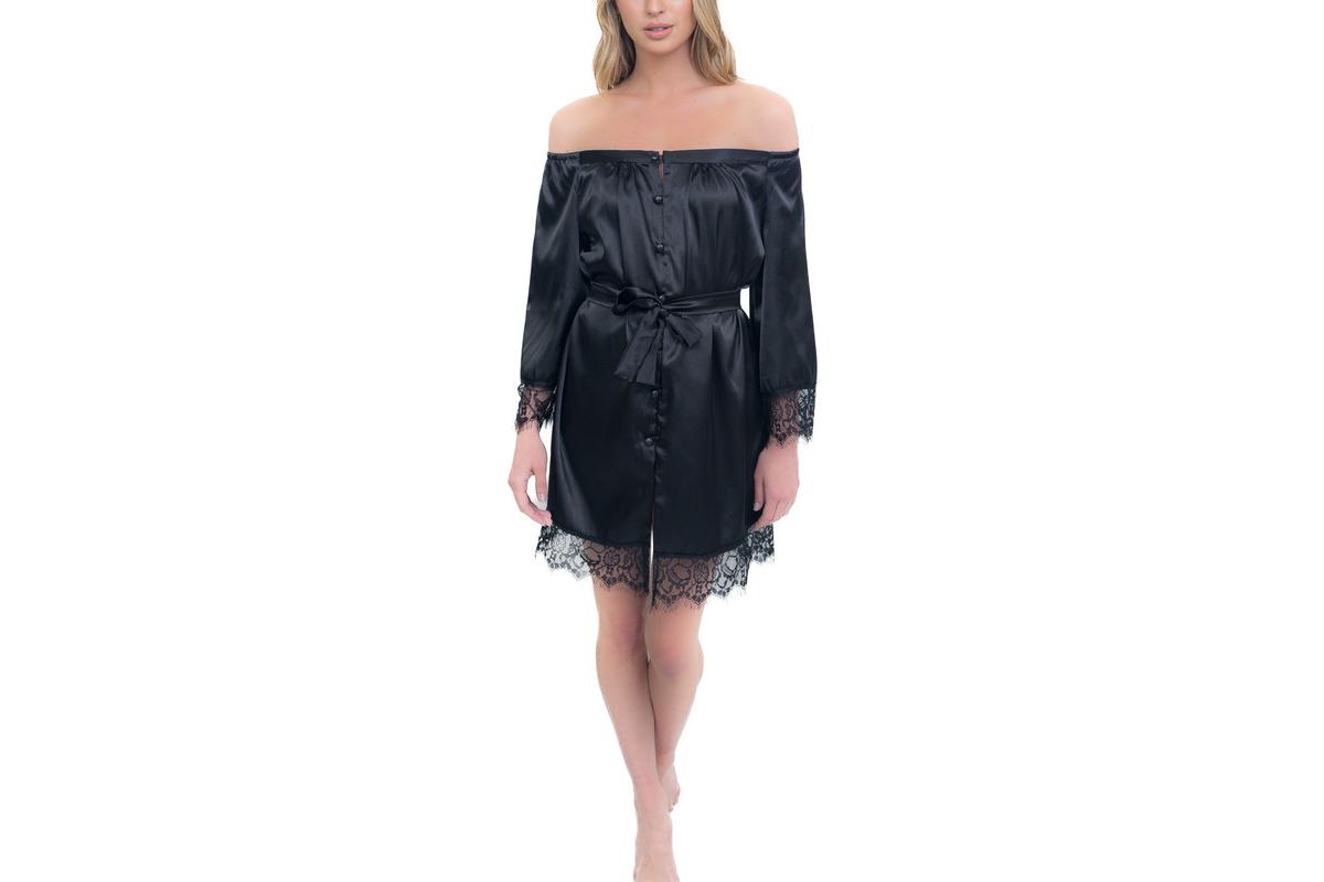 Women's Women's Off-The-Shoulder Lace Trim The Hair and Makeup Robe - Black