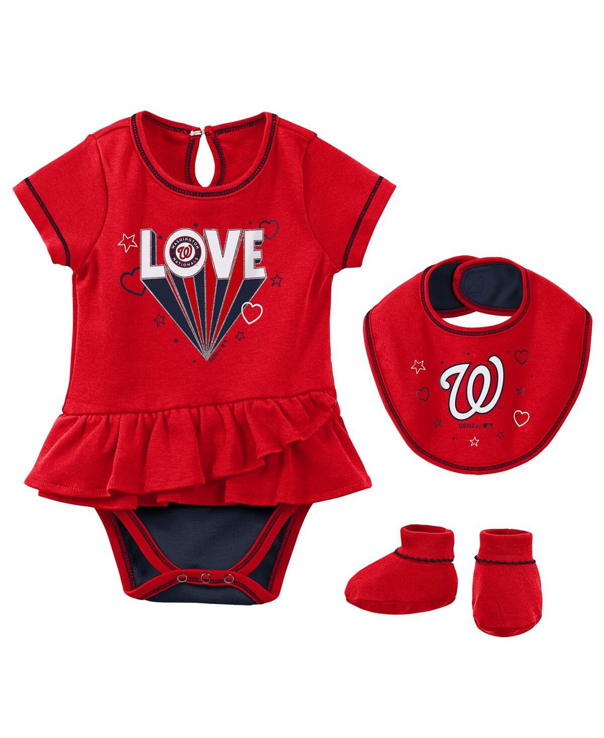 Outerstuff Babies' Girls Newborn And Infant Red Washington Nationals Play Your Best Bodysuit Bib And Booties Set