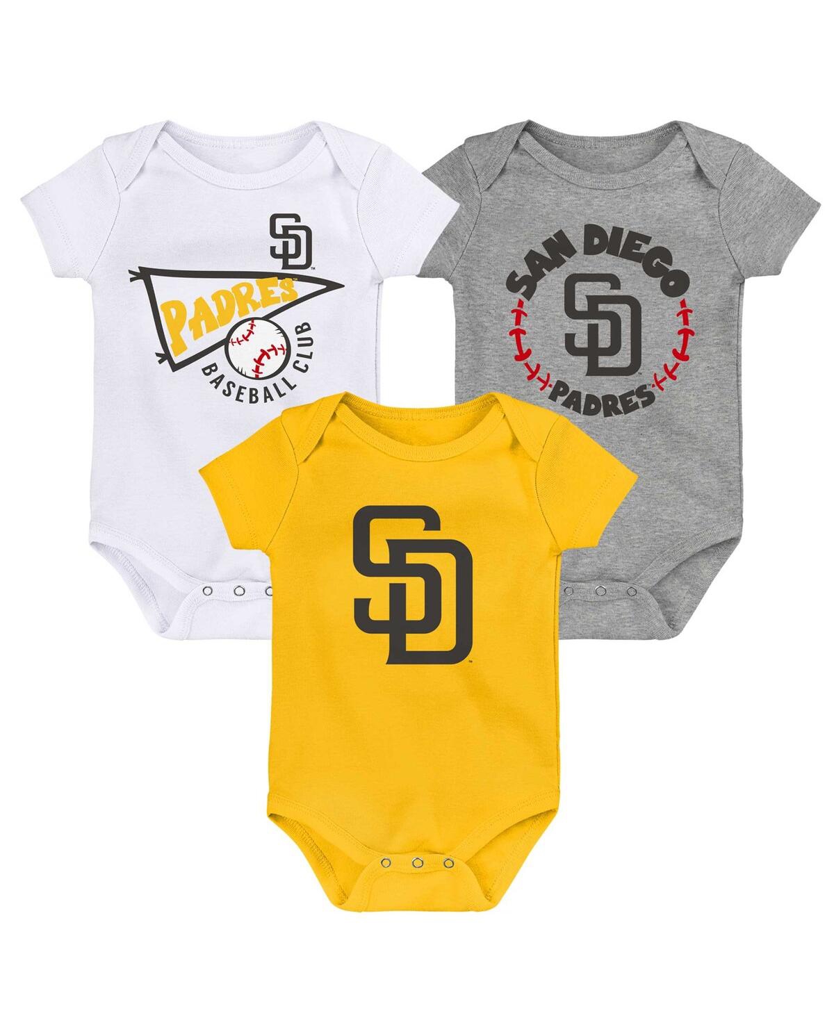 OUTERSTUFF NEWBORN AND INFANT BOYS AND GIRLS GOLD, WHITE, HEATHER GRAY SAN DIEGO PADRES BIGGEST LITTLE FAN 3-PA