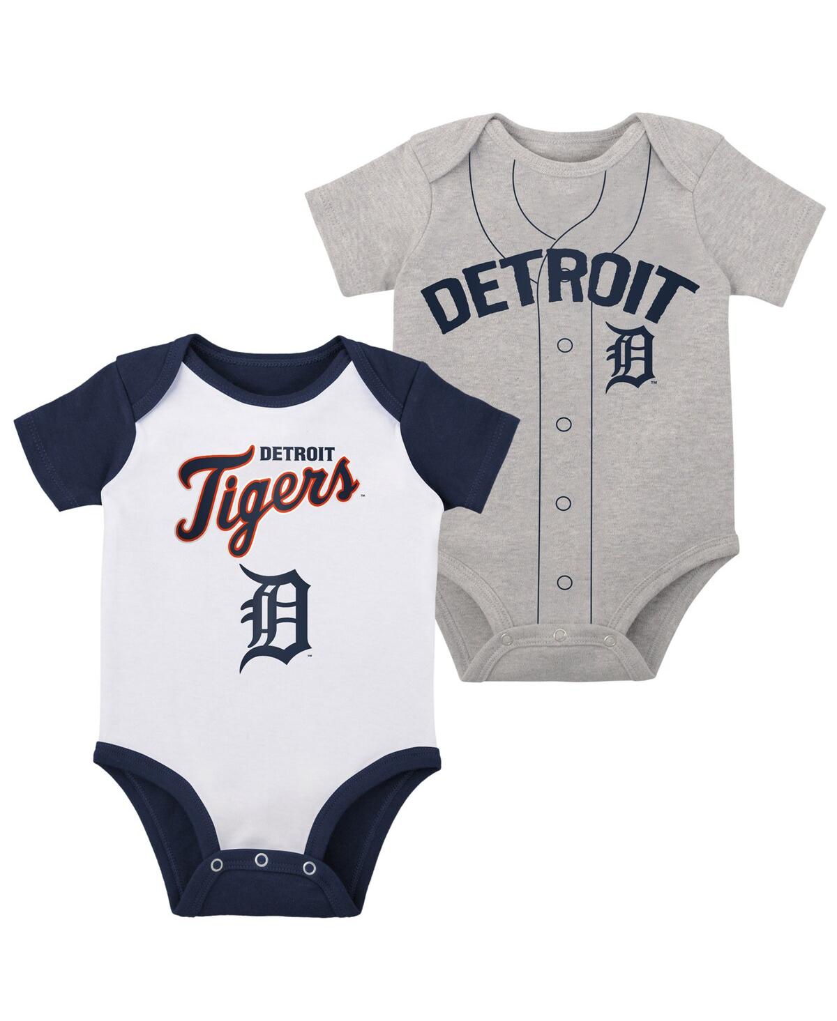OUTERSTUFF NEWBORN AND INFANT BOYS AND GIRLS WHITE, HEATHER GRAY DETROIT TIGERS LITTLE SLUGGER TWO-PACK BODYSUI