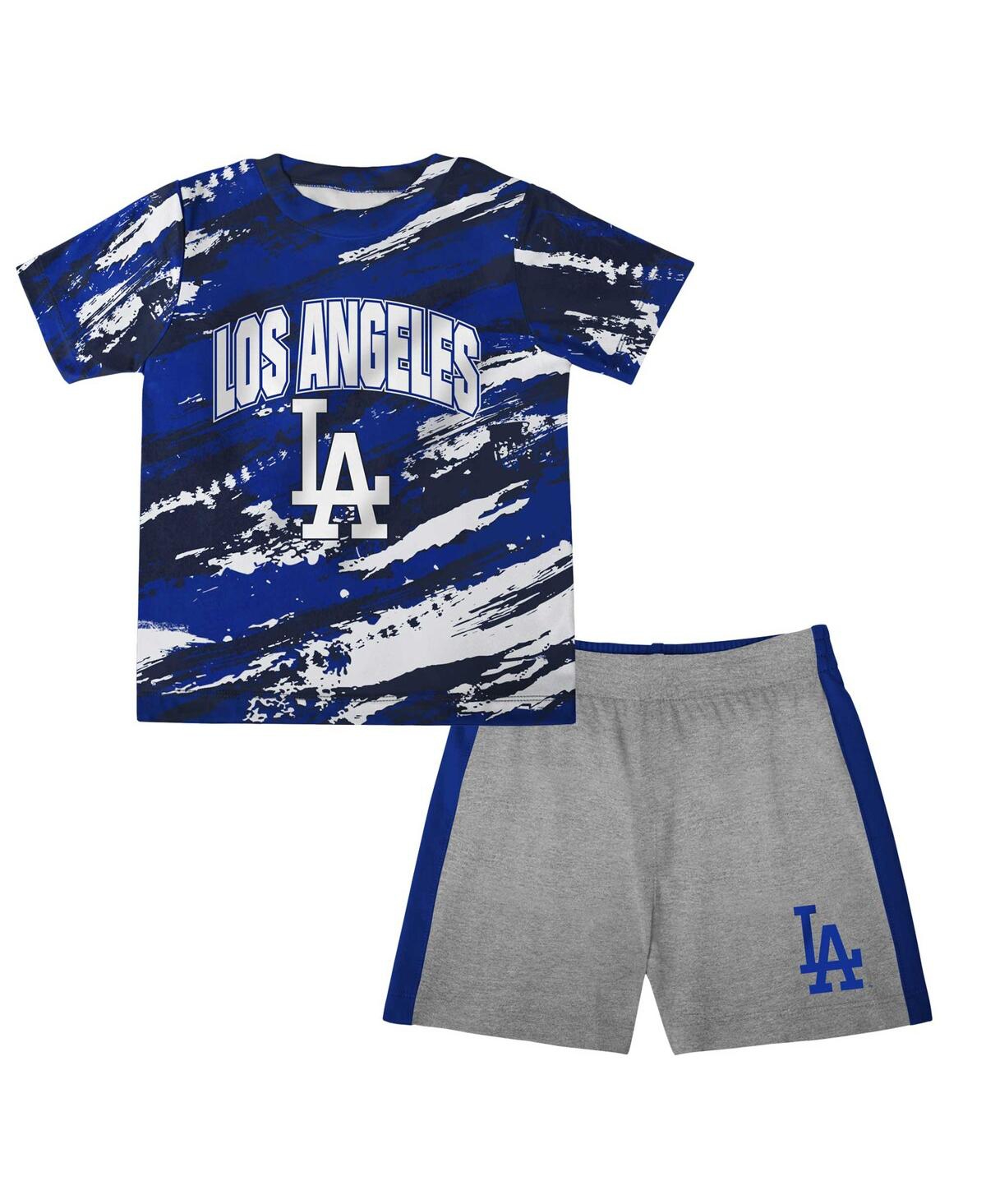 OUTERSTUFF TODDLER BOYS AND GIRLS ROYAL, GRAY LOS ANGELES DODGERS STEALING HOMEBASE 2.0 T-SHIRT AND SHORTS SET