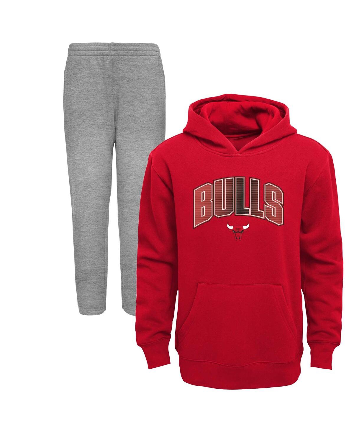 Outerstuff Little Boys And Girls Red, Heather Gray Chicago Bulls Double Up Pullover Hoodie And Pants Set In Red,heather Gray
