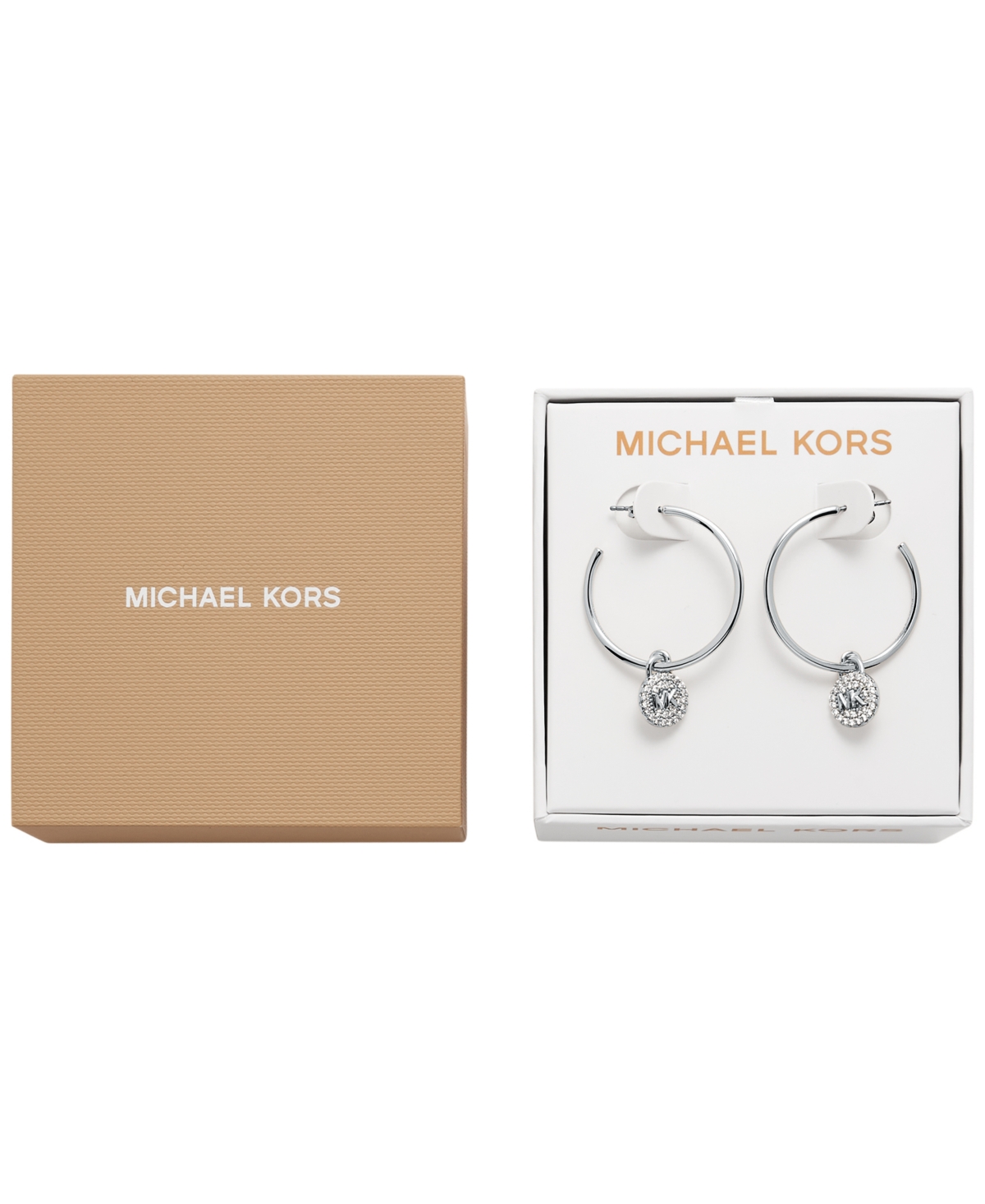 Shop Michael Kors Platinum Plated Brass Cubic Zirconia Pave Charm Hoop Earrings In Gold