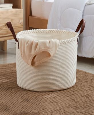 21" Large Round Cotton Rope Storage Basket Laundry Hamper with Faux Leather Handles
