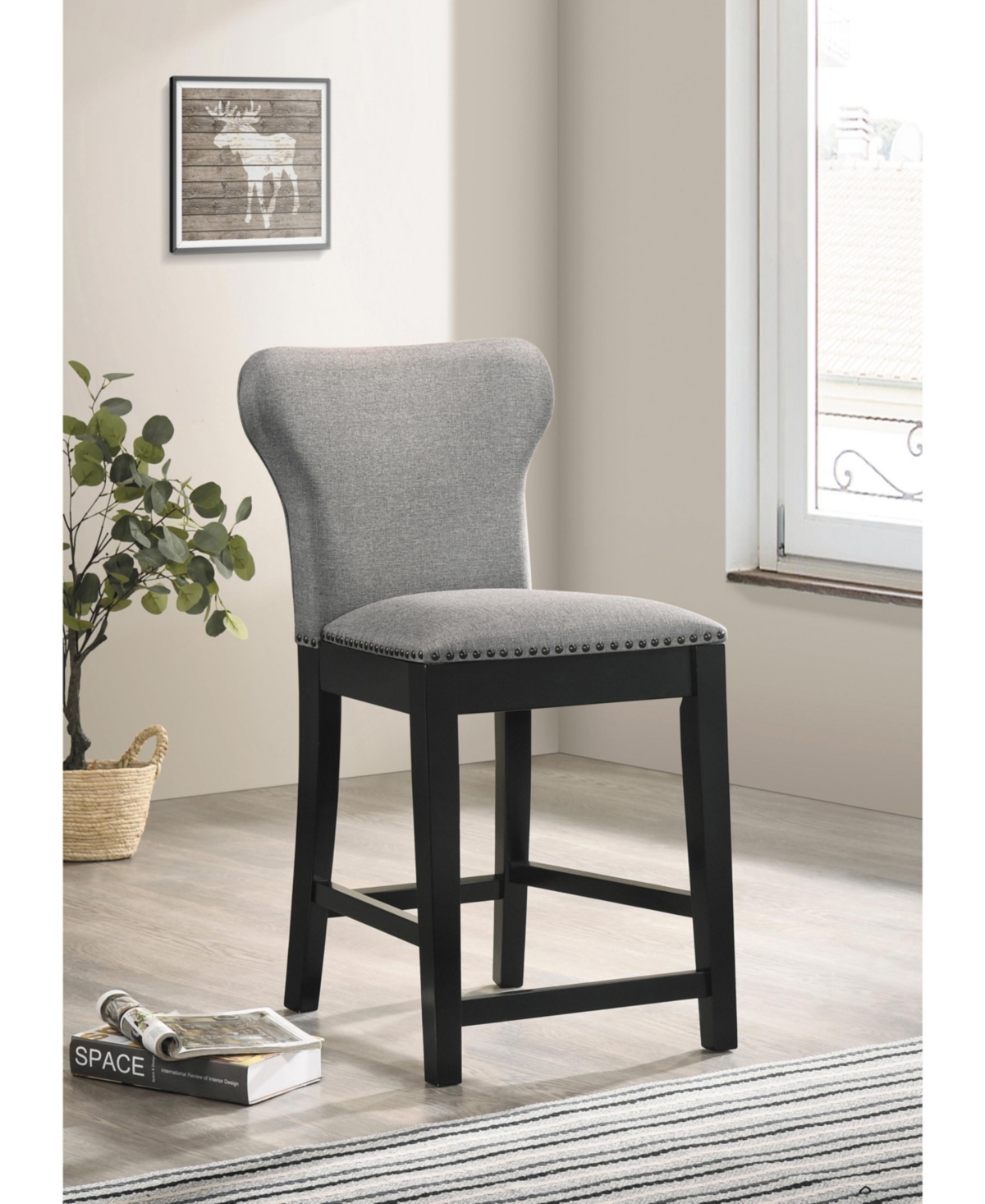 Coaster Home Furnishings 2-Piece Asian Hardwood Upholstered Solid Back Counter Height with Nail head Trim Stools Set - Black