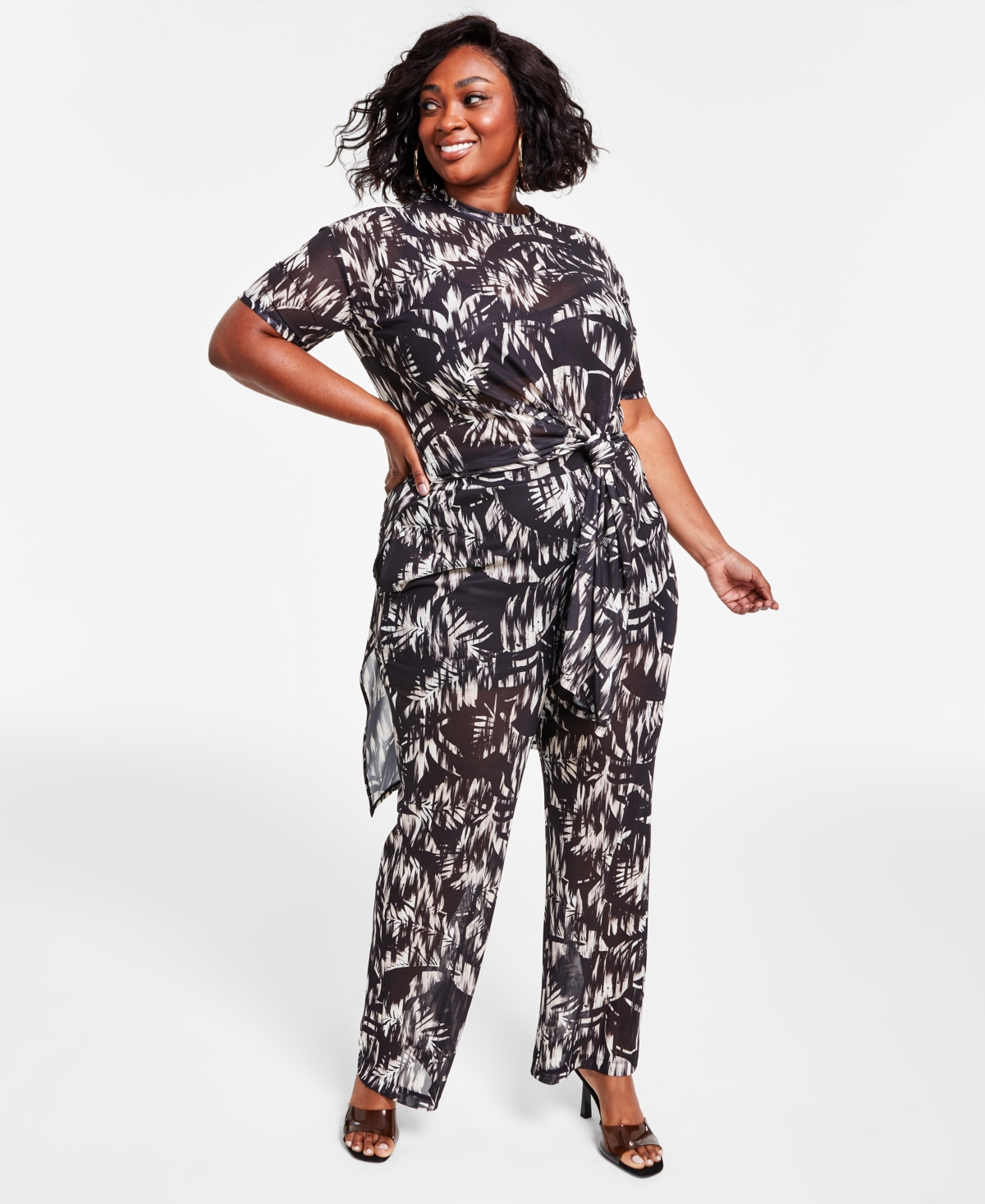 Nina Parker Trendy Plus Size Printed Mesh Pants, Created For Macy's In Black Ground Palm
