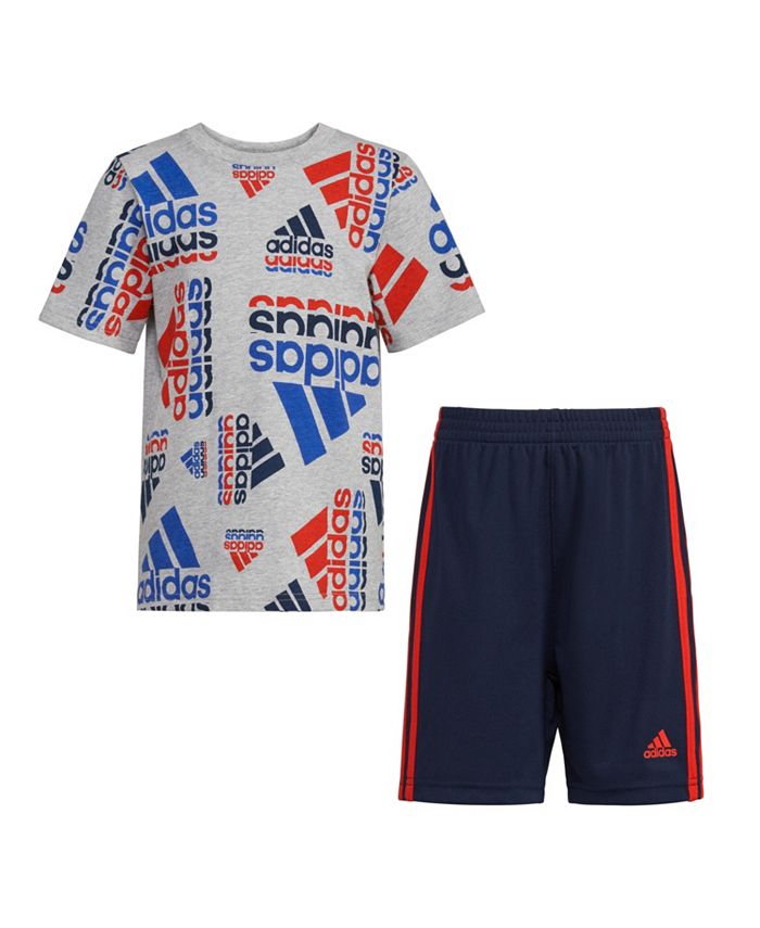 adidas Little Boys All Over Print Cotton T-shirt and Shorts, 2 Piece ...