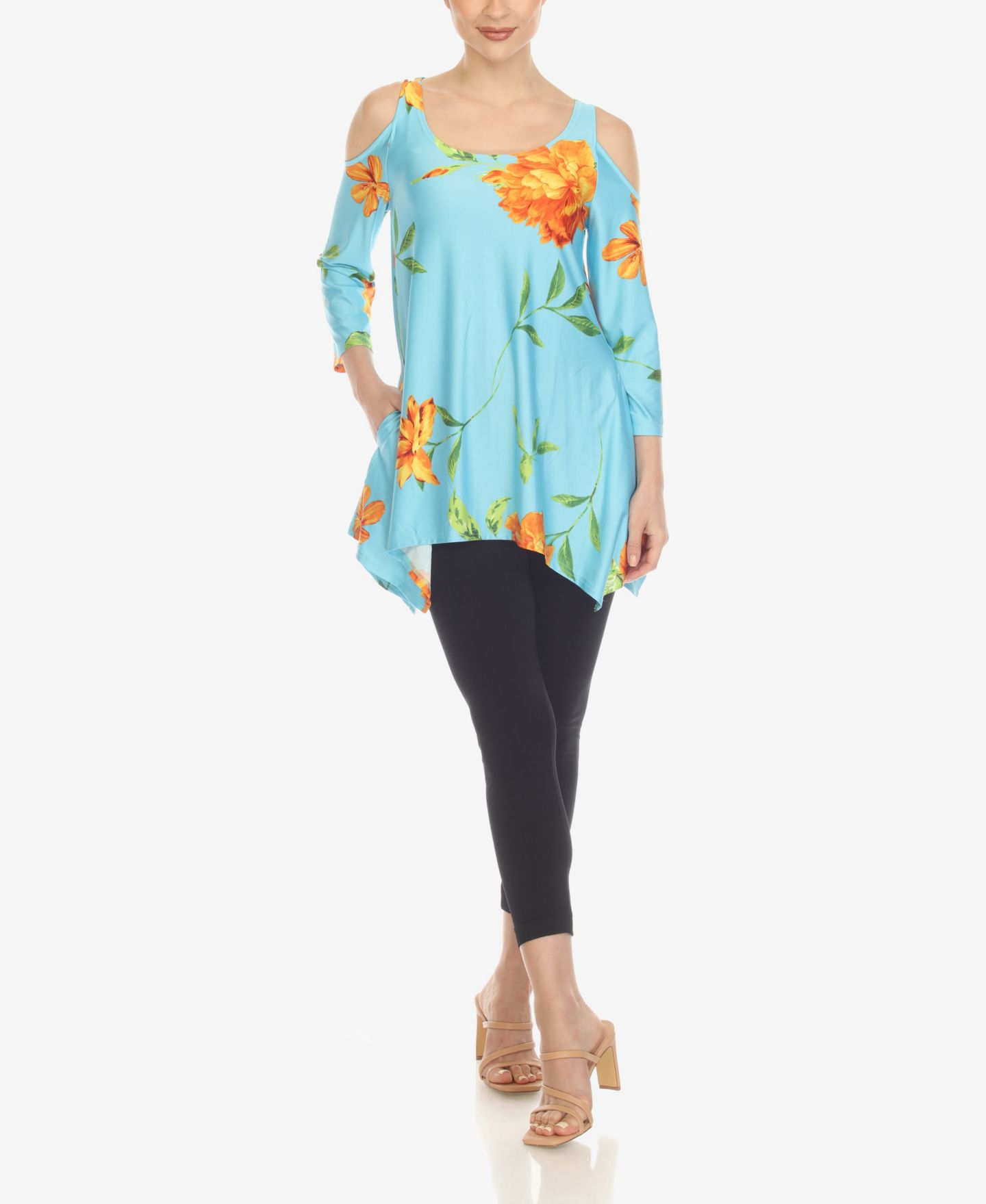 Женский топ White Mark Floral Printed Cold Shoulder Tunic Top, цвет: Синий / Оранжевый — фото 5