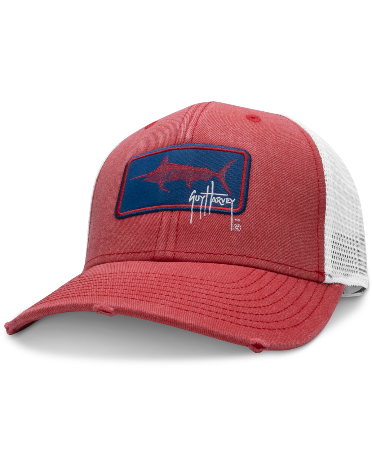 Men's Woven Billfish Patch Distressed Trucker Hat - Red