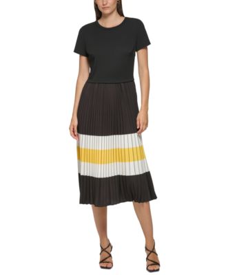 karl lagerfeld paris women's colorblocked pleated midi dress KARL LAGERFELD Paris Womens Dresses Dress,Black Lemon Chrome Soft White,M  at Amazon Women's Clothing store