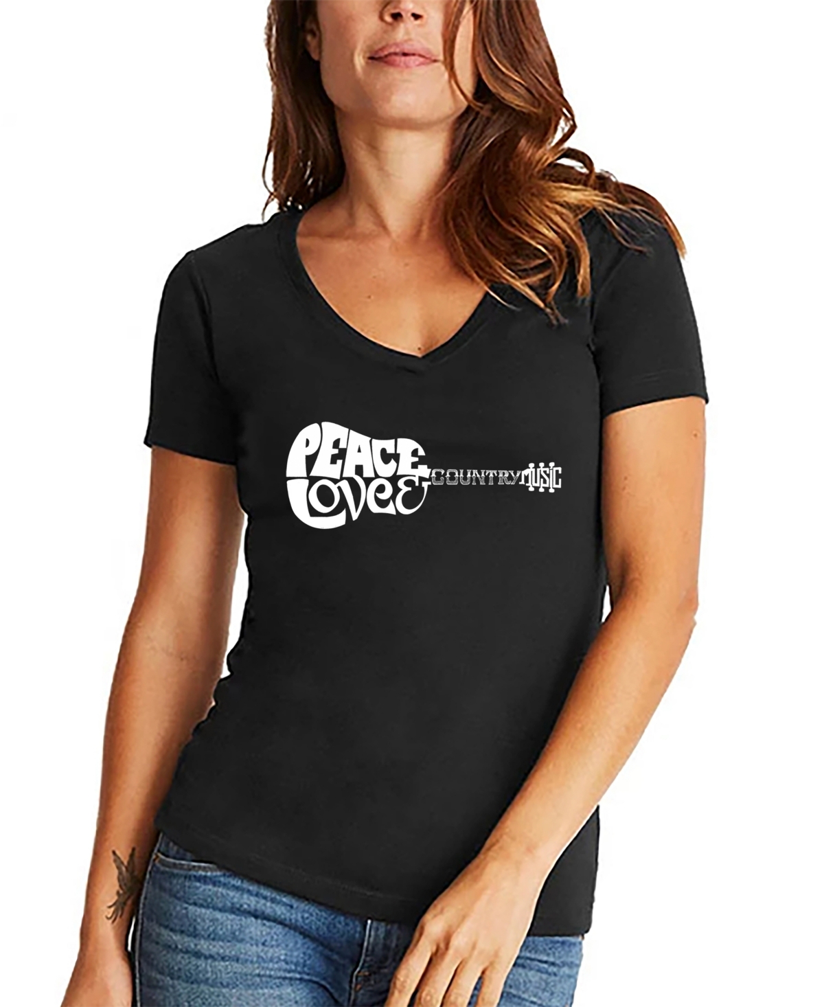 La Pop Art Women's Peace Love Country Word Art V-neck T-shirt In Black