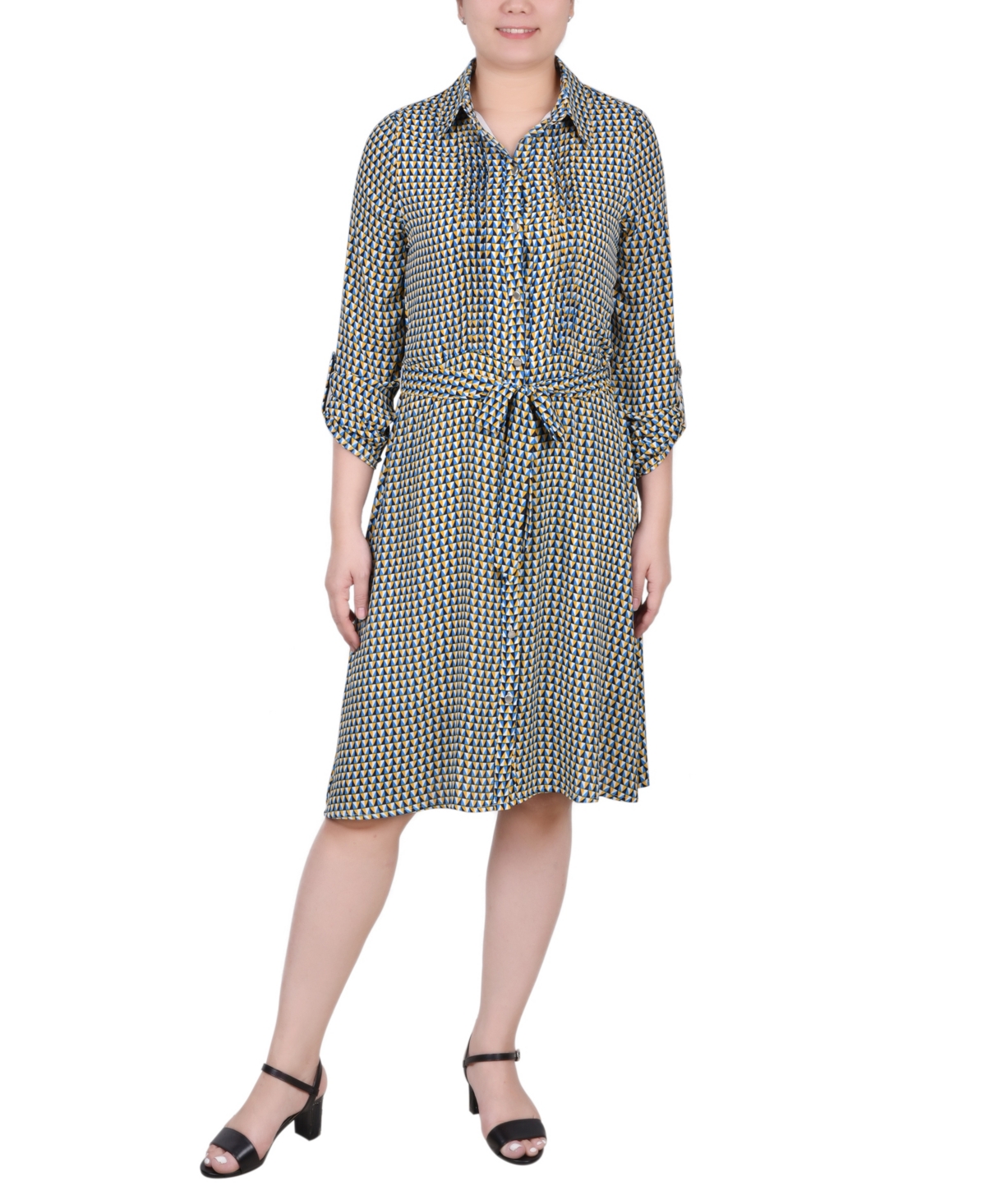 Ny Collection Petite Printed Roll Tab Sleeve Dobby Shirt Dress In Blue Trisquare
