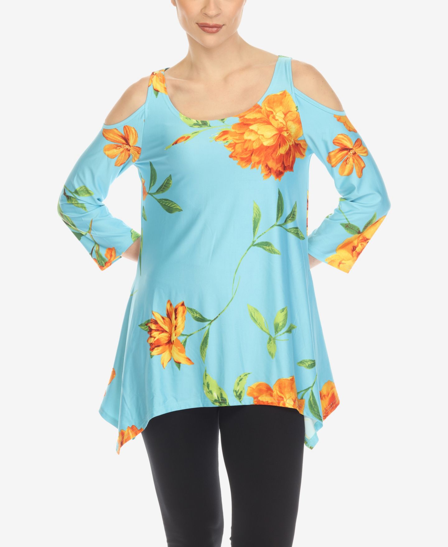Женский топ White Mark Floral Printed Cold Shoulder Tunic Top, цвет: Синий / Оранжевый — фото 1