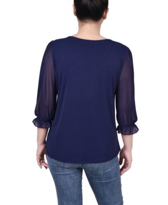 Petite 3/4 Sleeve Ringed Mesh Top