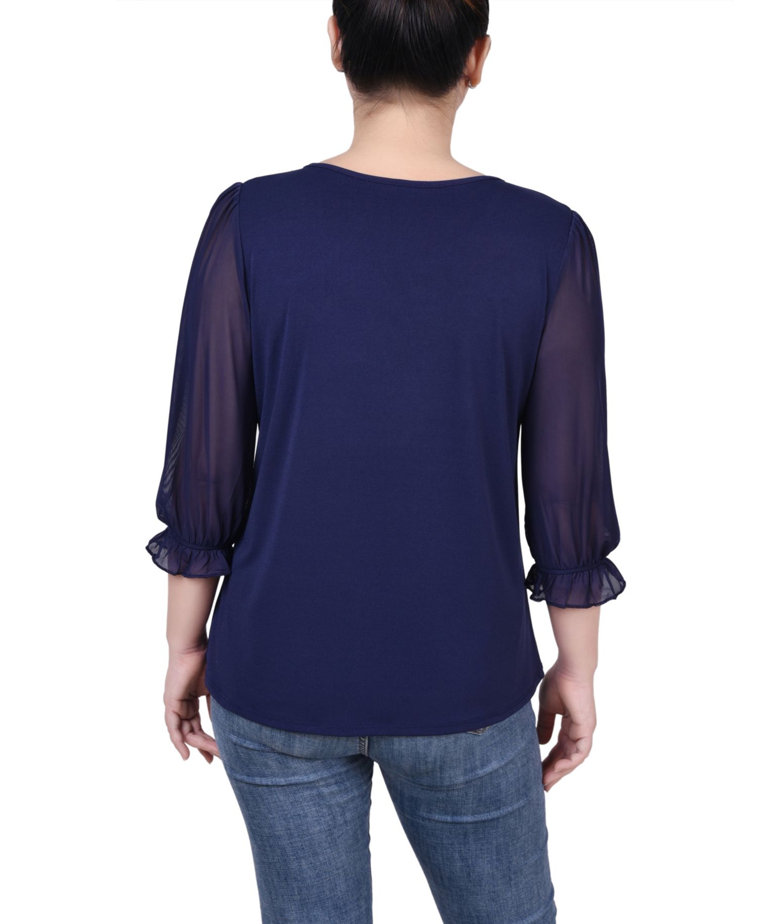 Petite 3/4 Sleeve Ringed Mesh Top