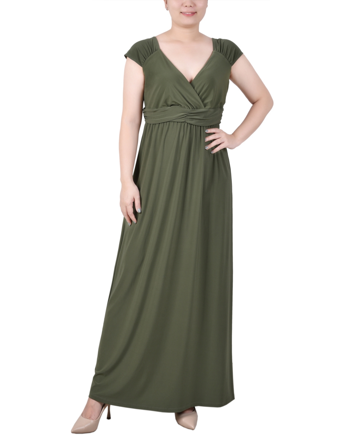 Ny Collection Petite Ruched Empire-waist Maxi Dress In Oil Green