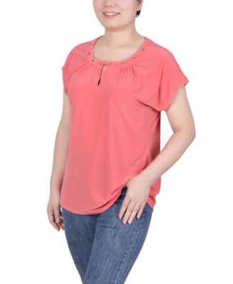 Petite Grommet Neck Knit  Short Extended Sleeve Top