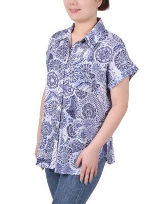 Petite Short Rolled Sleeve Button Front Blouse