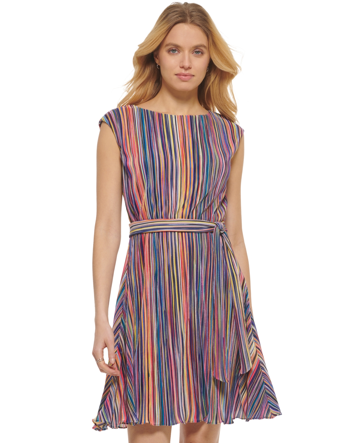Dkny Pleated Multicolor Cap Sleeve Dress In Iris Multi
