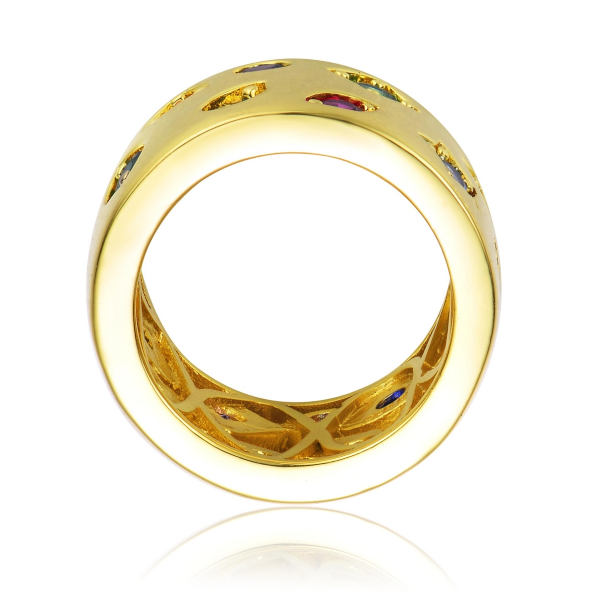 Radiant 14K Gold Plated Wide Band Ring with Spotted Multi-Colored Cubic Zirconia