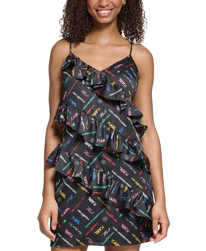 KARL LAGERFELD PARIS Women s Ruffled Signature Print Tiered Sheath