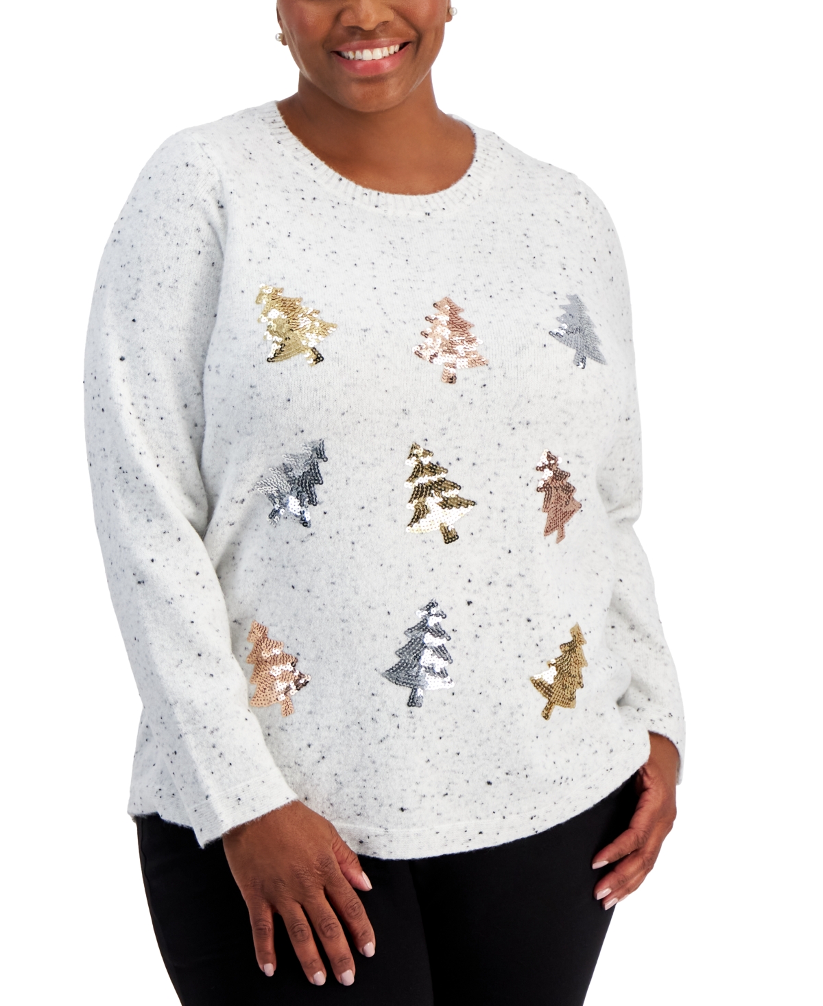 Karen Scott Plus Size Sequin-tree Sweater, Created For Macy's In Winter White Neps