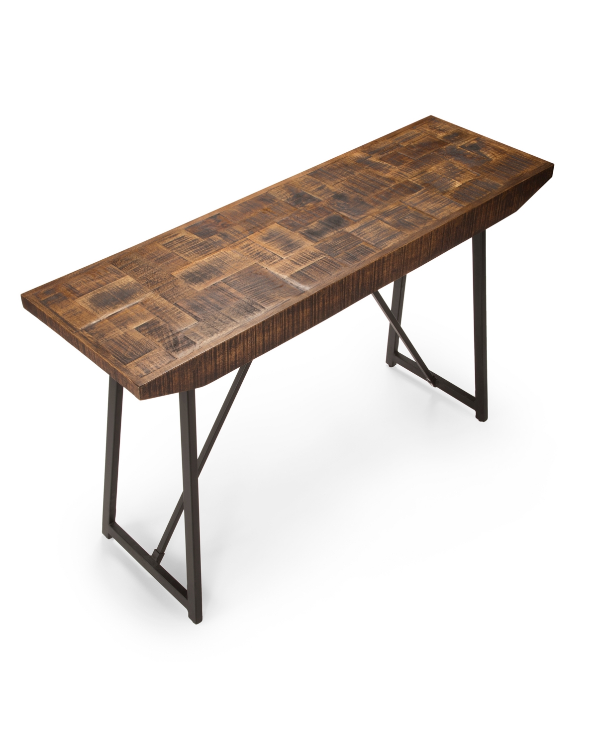 Steve Silver Walden Solid Mango and Iron Parquet Sofa Table - Mango with Parquet Design, Dark Gray Bas