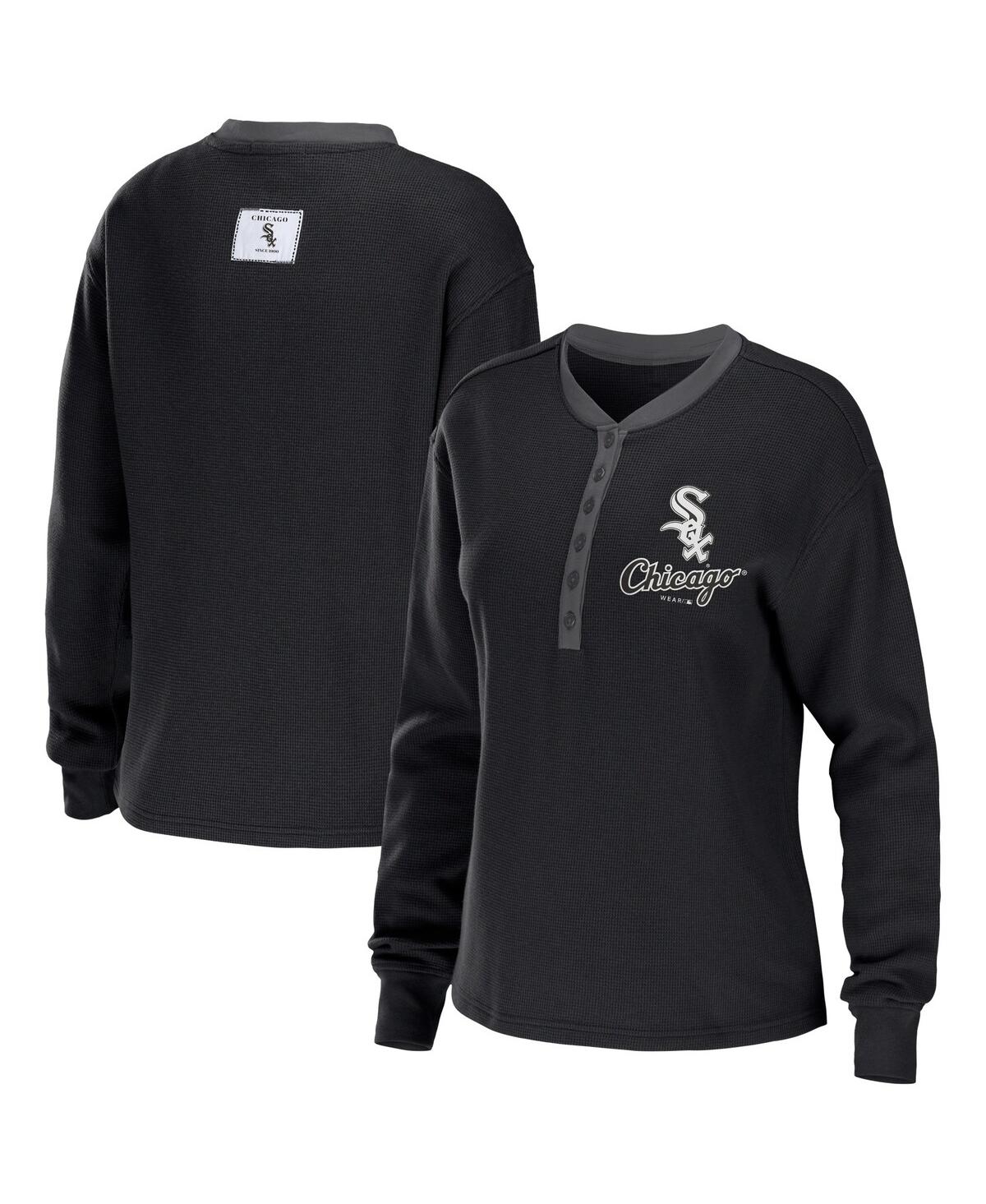 Shop Wear By Erin Andrews Women's  Black Chicago White Sox Waffle Henley Long Sleeve T-shirt