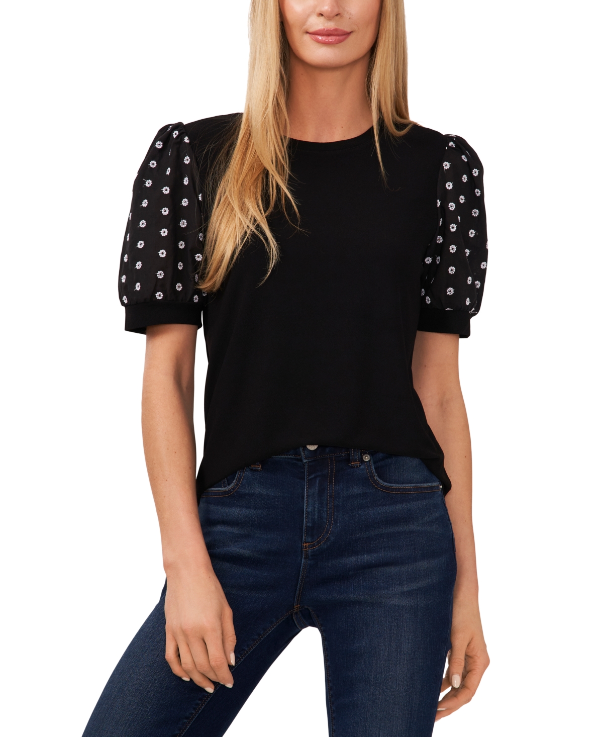 Cece Mixed Media Eyelet Embroidered Puff Sleeve Top In Rich Black