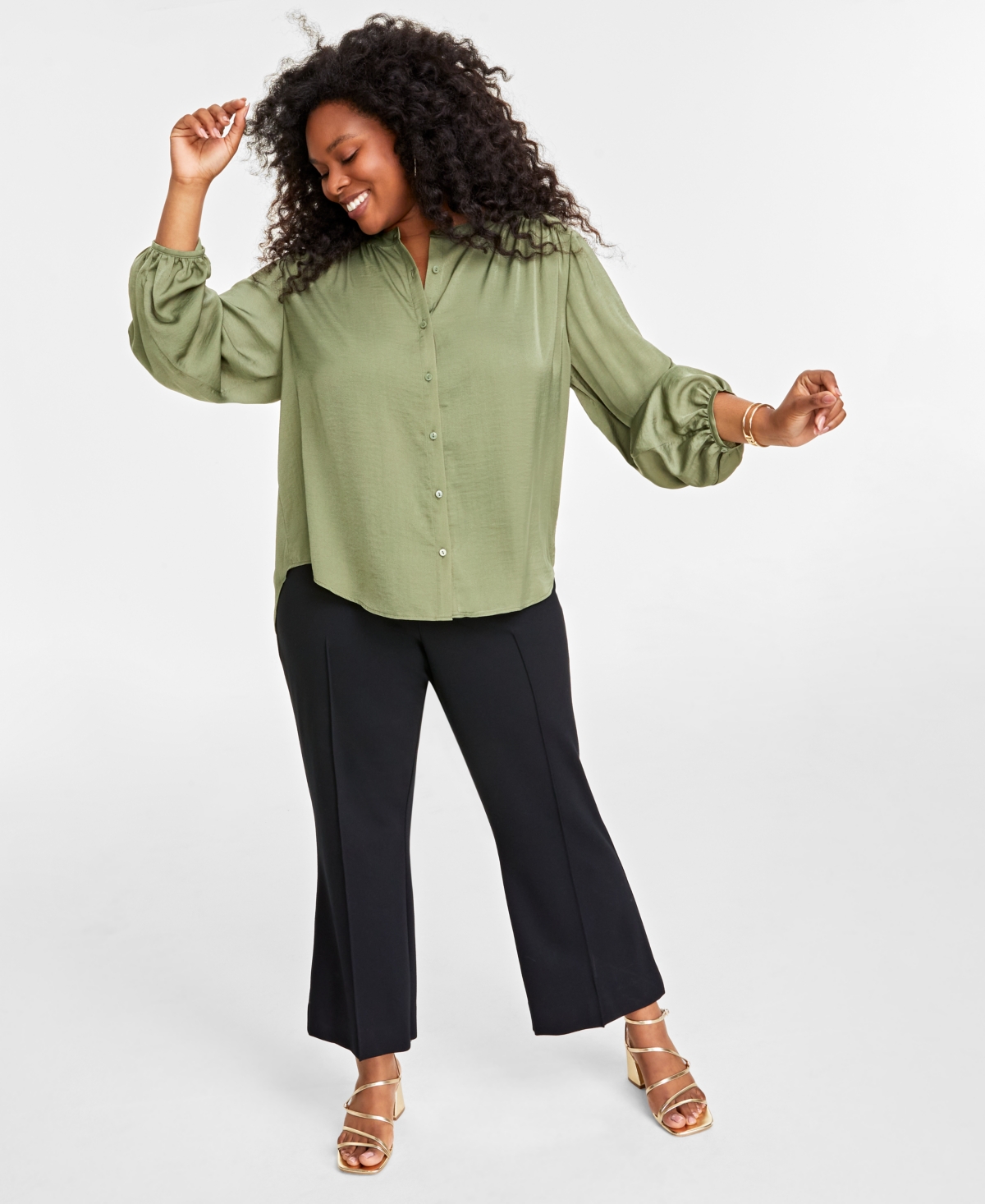 On 34th Plus Size Satin Button-front Shirt, Created For Macy's In Olivine