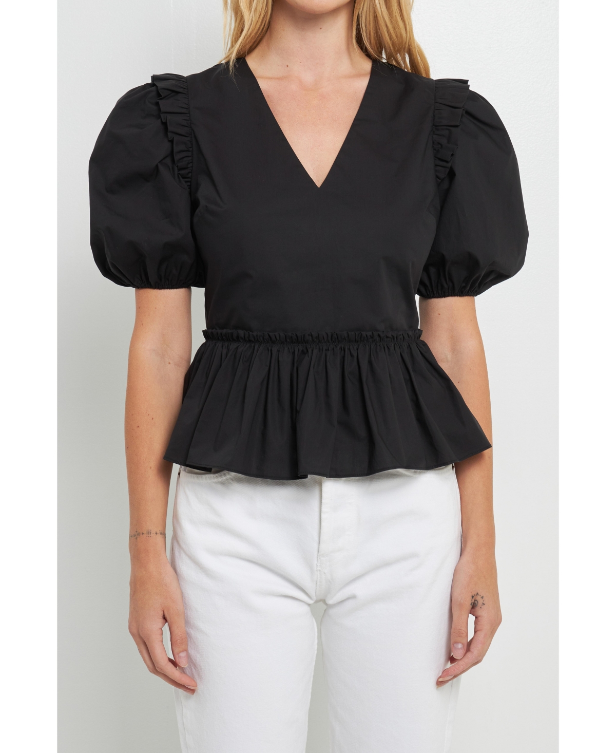 English Factory Puff Sleeve Peplum Top In Black