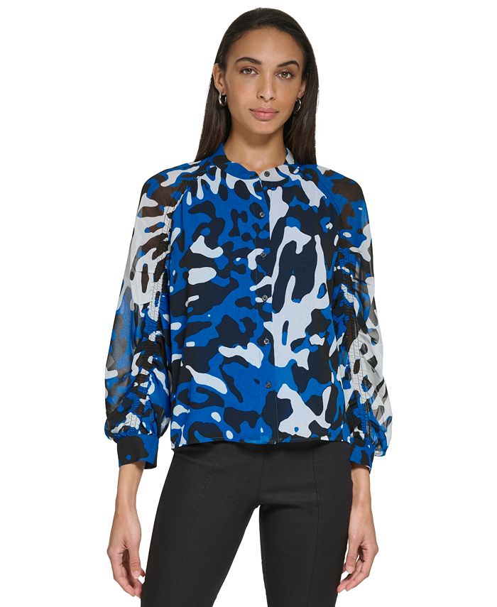 Calvin Klein Abstract Print Cinched Long Sleeve Blouse - Macy's