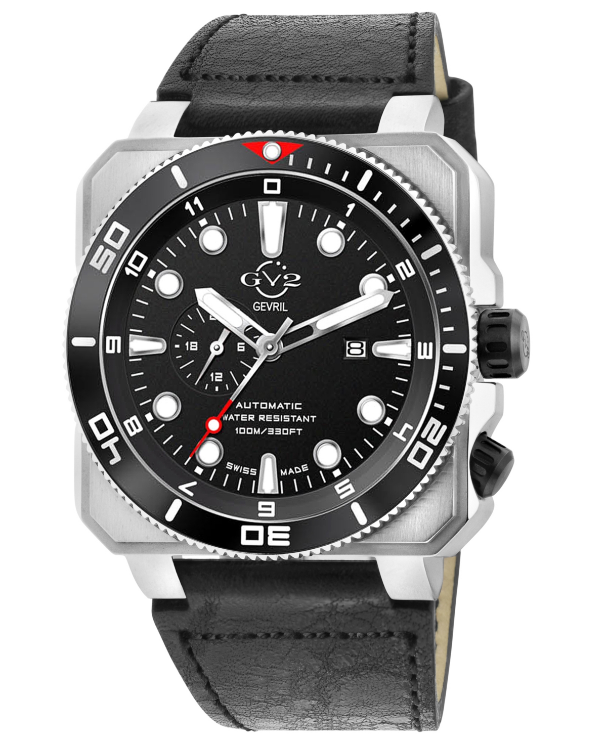 Men's Xo Submarine Swiss Automatic Black Leather Watch 44mm - Silver