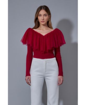 Women's Mixed Media Mesh Pleated Ruffle Top