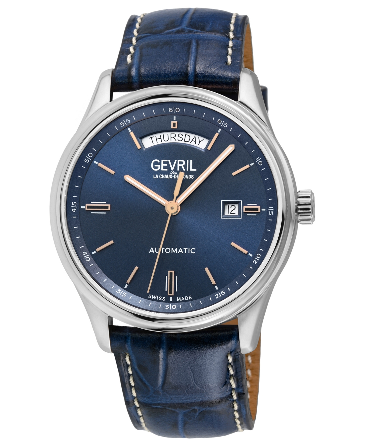 GEVRIL MEN'S EXCELSIOR SWISS AUTOMATIC BLUE LEATHER WATCH 42MM
