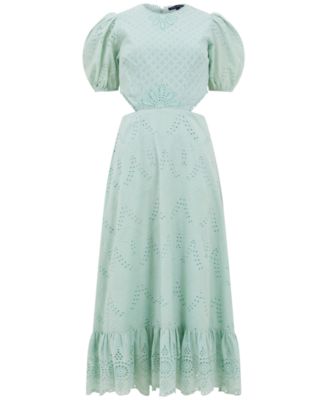 French Connection Women's Esse Eyelet Cutout Puff-Sleeve Cotton Midi Dress  - Macy's
