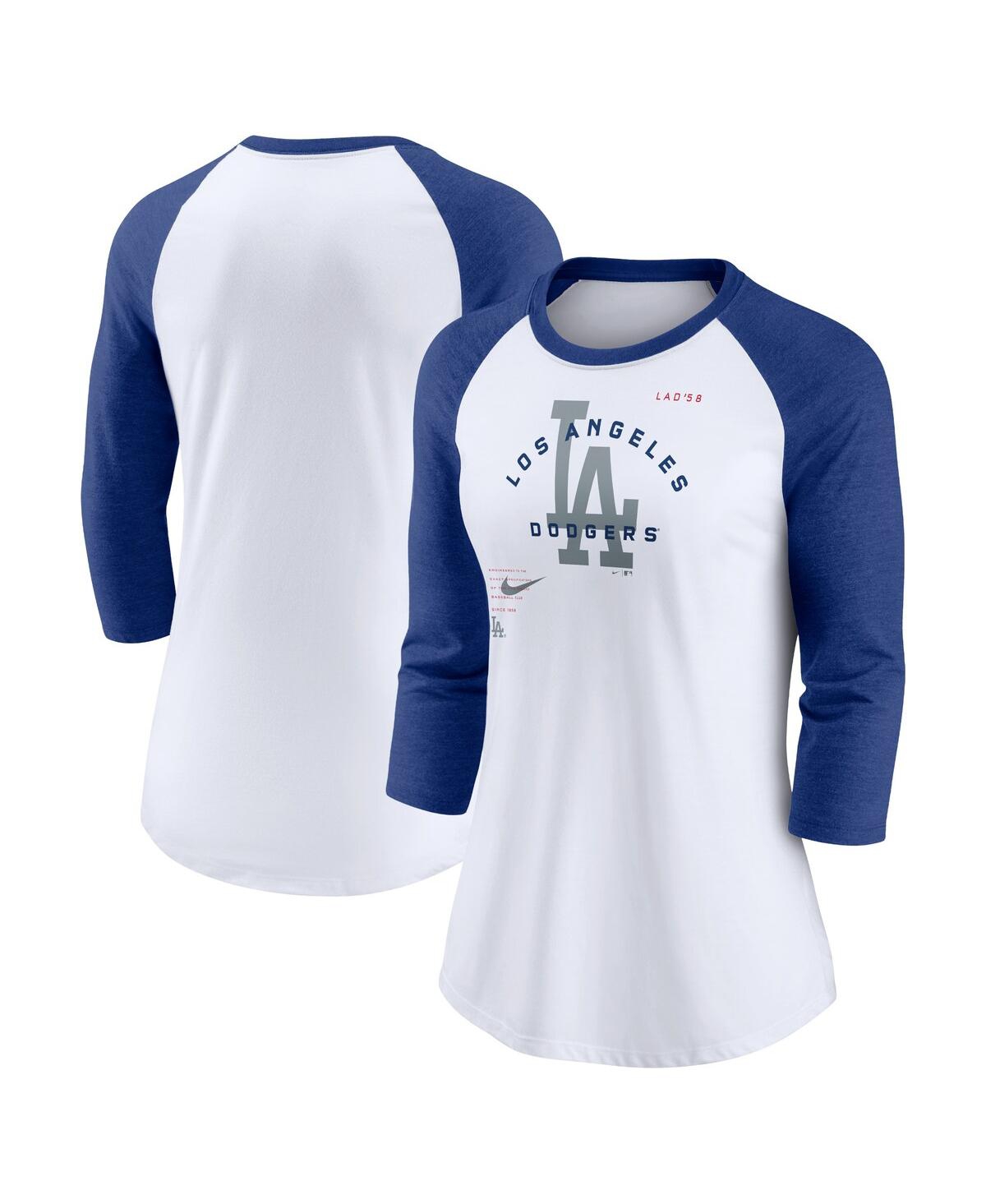 Shop Nike Women's  White, Royal Los Angeles Dodgers Next Up Tri-blend Raglan 3/4 -sleeve T-shirt In White,royal