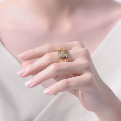 Chic 14K Gold Plated CZ Path Criss-Cross Wide Band Ring