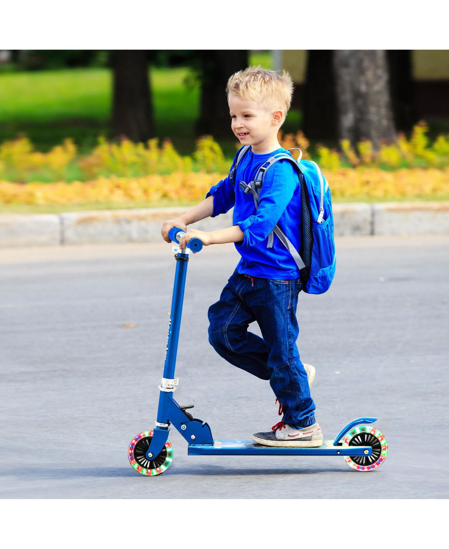 Детская игрушка Costway Folding Adjustable Height Kids Toy Kick Scooter Rear Brake 2 Flashing, цвет: Синий — фото 2
