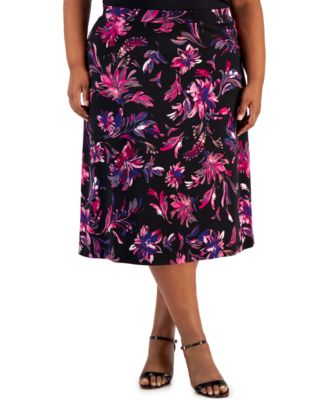 Kasper - Plus Size Pull-On Printed Knit Midi Skirt