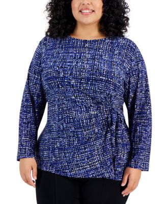 Kasper - Plus Size Printed Side-Tie Blouse