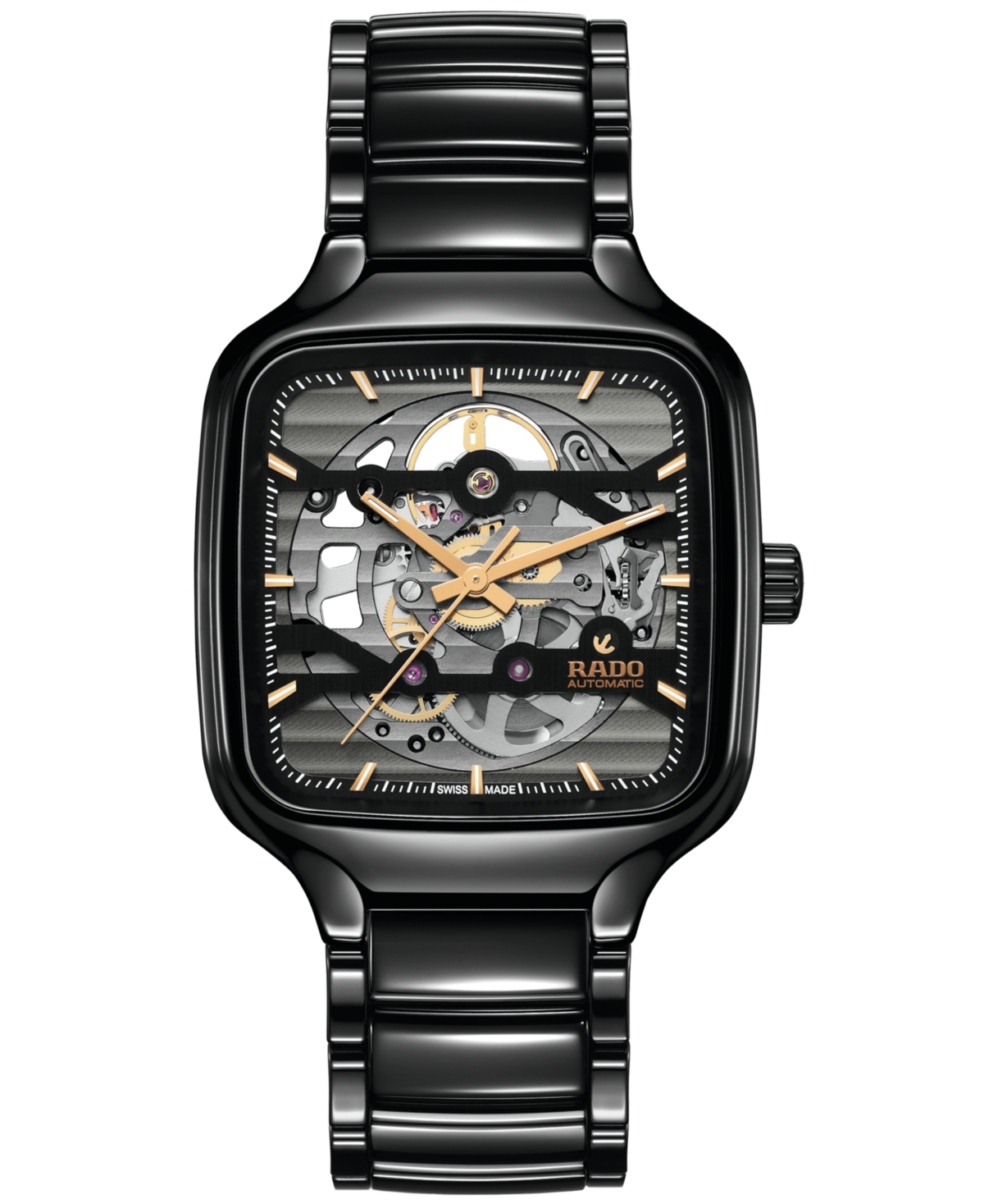 Shop Rado Unisex Swiss Automatic True Square Skeleton Black High-tech Ceramic Bracelet Watch 38mm