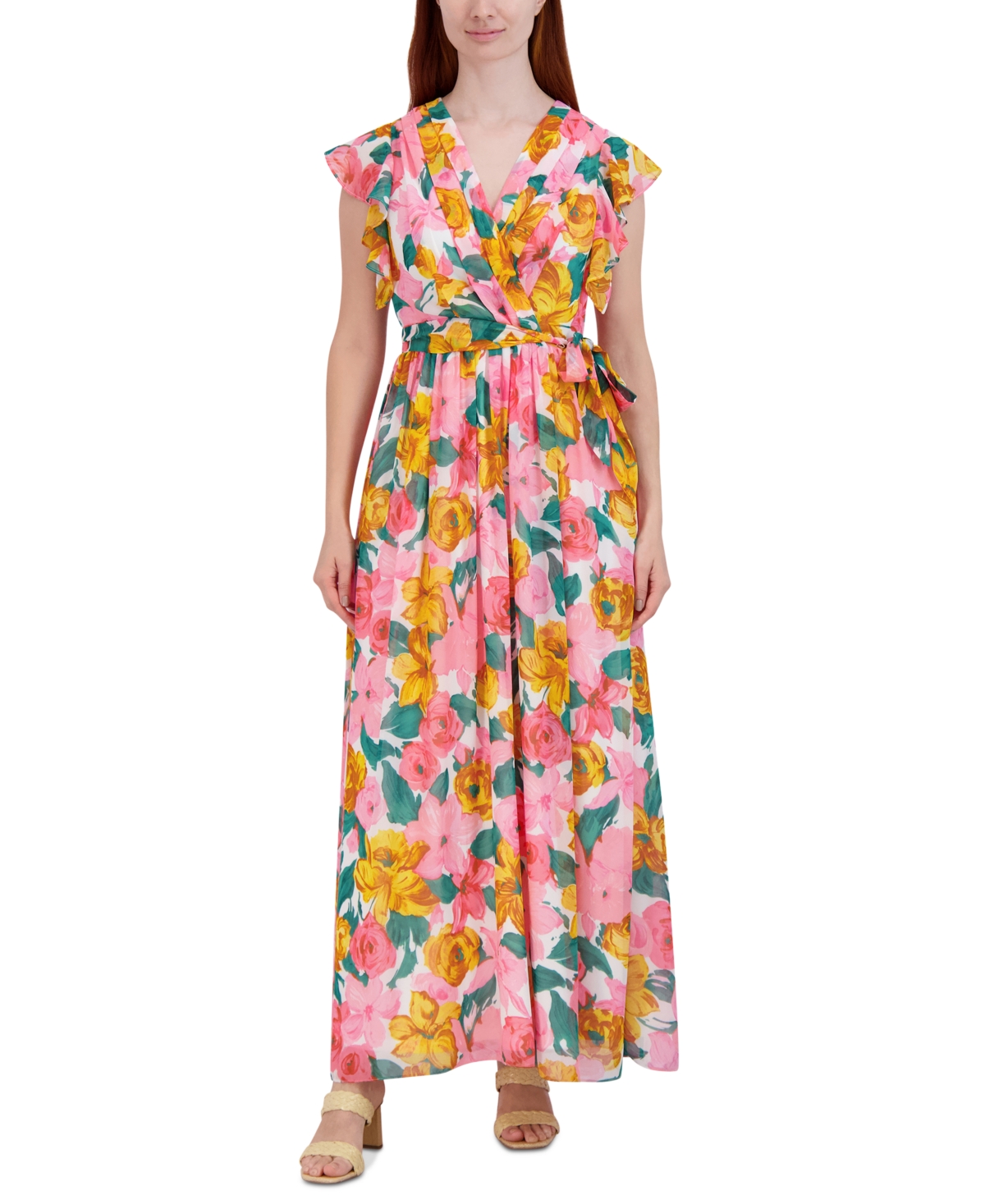 Donna Rico Women's Flutter-Sleeve Chiffon Maxi Dress - Ivory Multi