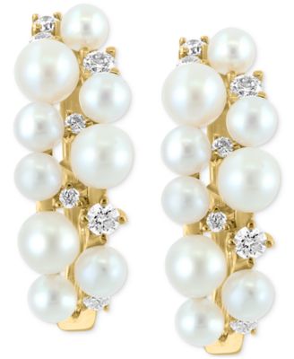 EFFY&reg; Freshwater Pearl (3-4mm) & Diamond (1/3 ct. t.w.) Small Cluster Hoop Earrings in 14k Gold, 0.75"