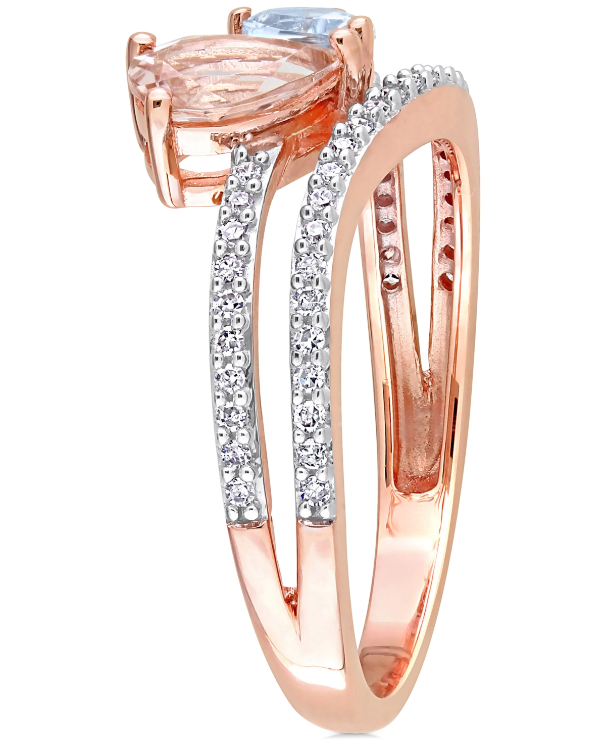 Morganite (3/4 ct. t.w.), Aquamarine (3/8 ct. t.w.) & Diamond (1/4 ct. t.w.) Double Row Ring in 10k- Rose Gold