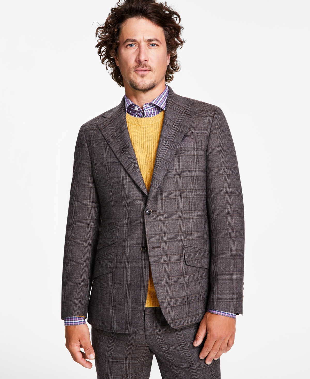 Men's Slim-Fit Stretch Plaid Suit Jacket - Grey/brown Window