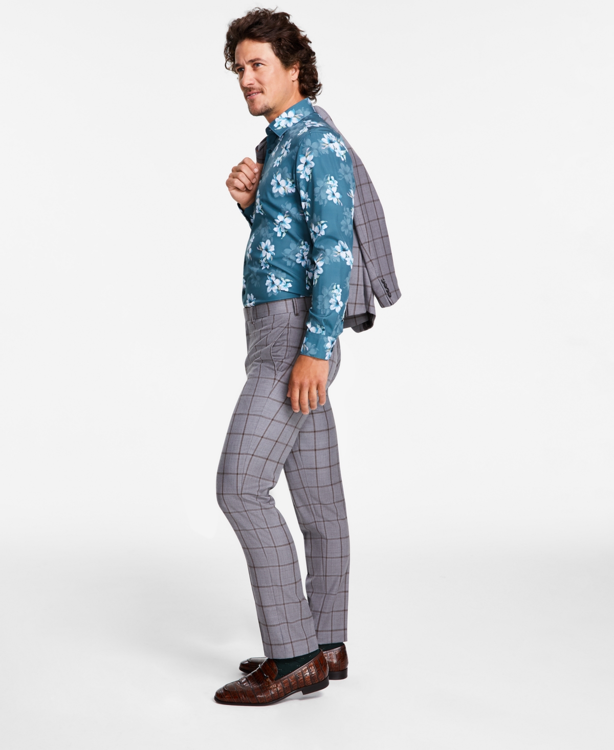 Men's Slim-Fit Stretch Plaid Suit Pants - Grey/brown Window