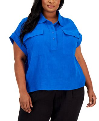 Calvin Klein - Plus Size Cotton Cap-Sleeve Camp Shirt