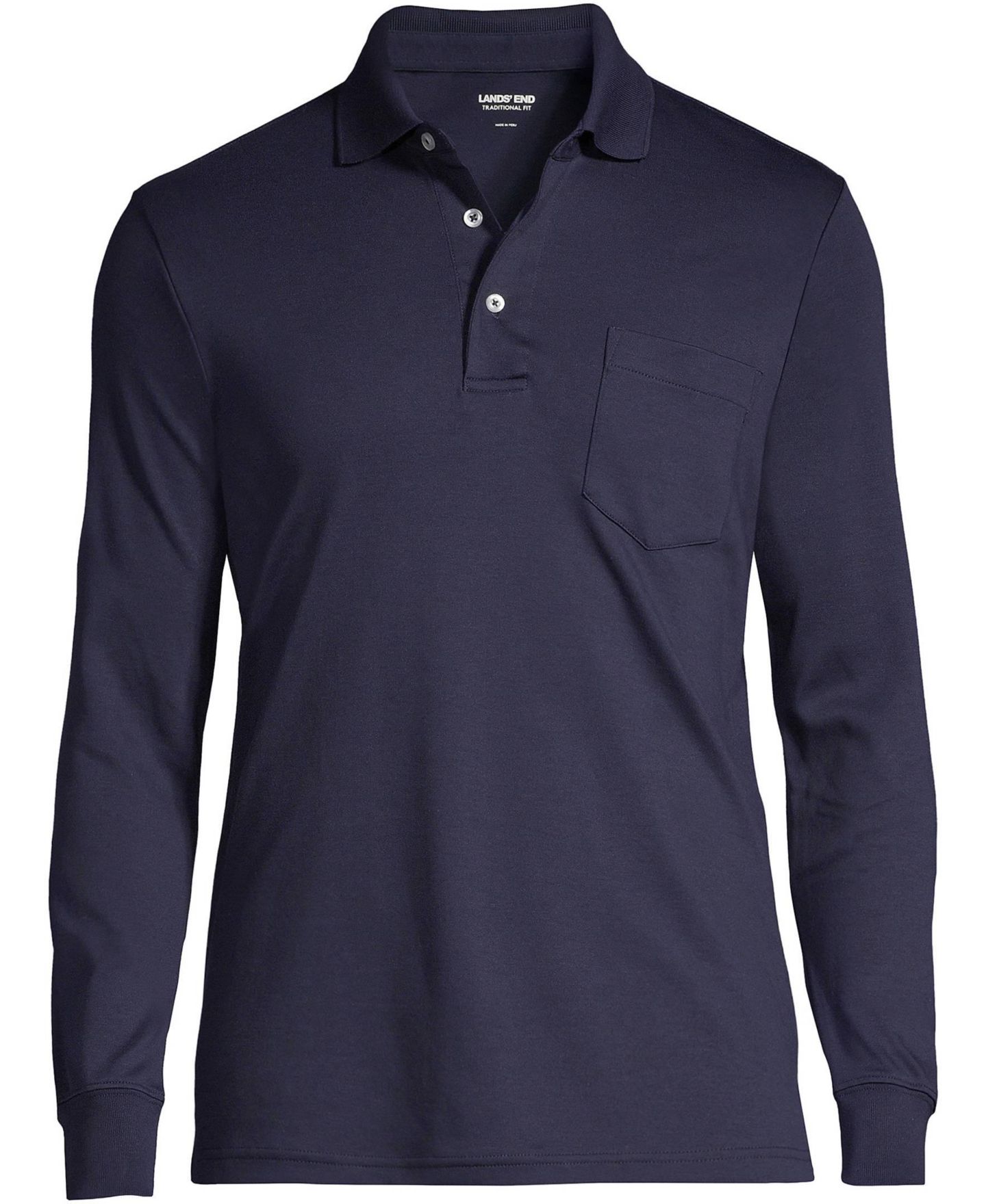 Мужское поло Lands' End Long Sleeve Cotton Supima Polo with Pocket, цвет: Тёмно-синий — фото 2