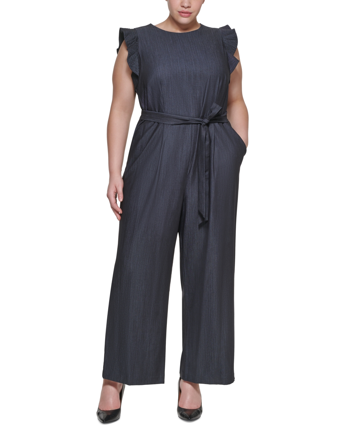 Calvin klein ruffle sleeve belted clearance jumpsuit